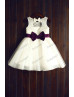 Ivory Lace Tulle Purple Sash Keyhole Back Flower Girl Dress